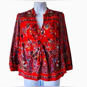 Lucky Brand Red Paisley Floral Boho Blouse‎ Size Small